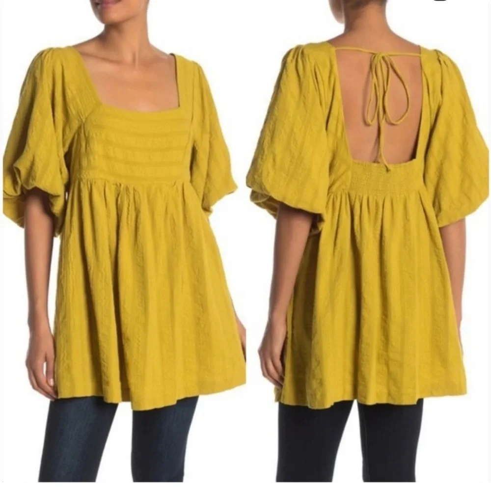 Free people Olive Green Gigi blouse square‎ neck puff sleeve